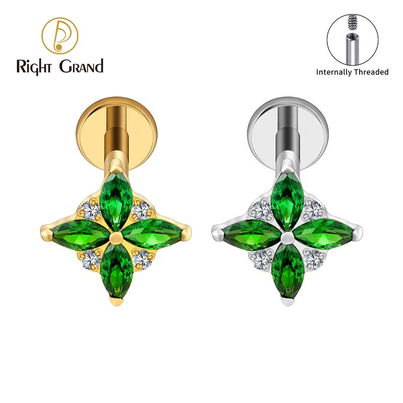 Right Grand ASTM F136 Titanium 16G Internal Thread 4 Marquise Flower CZ Labret Stud Helix Conch Cartilage Tragus Flat Back Piercing