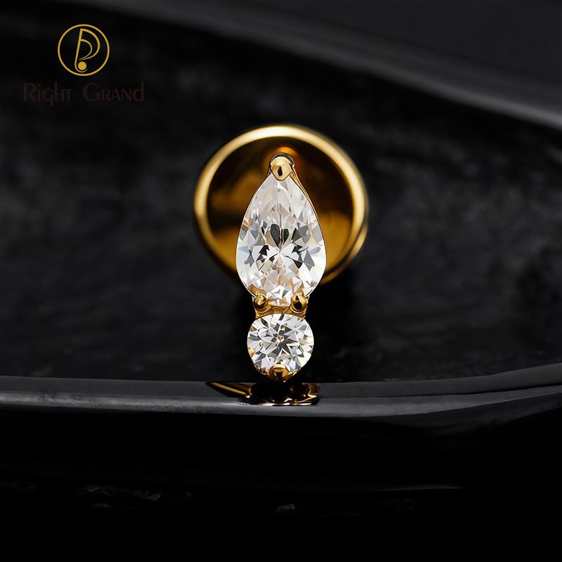 Right Grand ASTM F136 Titanium 16G Internal Thread Waterdrop CZ Opal Labret Stud Helix Conch Cartilage Tragus Flat Back Piercing