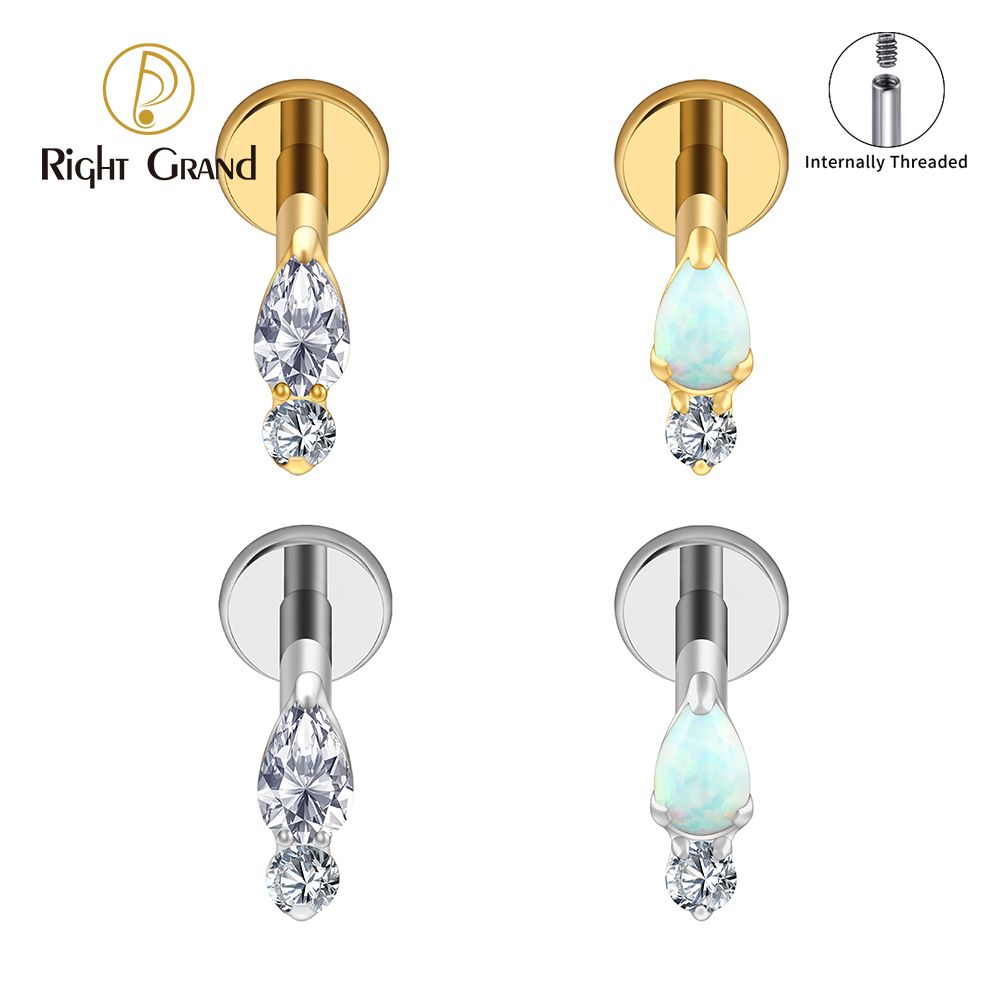 Right Grand ASTM F136 Titanium 16G Internal Thread Waterdrop CZ Opal Labret Stud Helix Conch Cartilage Tragus Flat Back Piercing