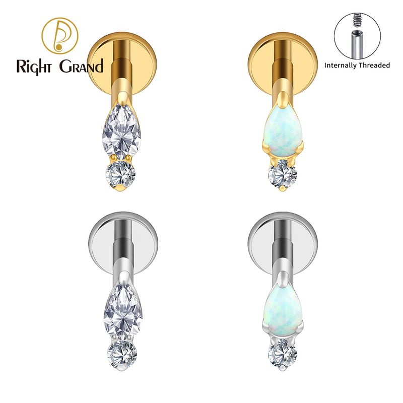 Right Grand ASTM F136 Titanium 16G Internal Thread Waterdrop CZ Opal Labret Stud Helix Conch Cartilage Tragus Flat Back Piercing