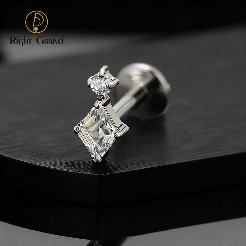 Right Grand ASTM F136 Titanium 16G Internal Thread Round &amp; Square CZ Labret Stud Helix Conch Cartilage Tragus Flat Back Piercing
