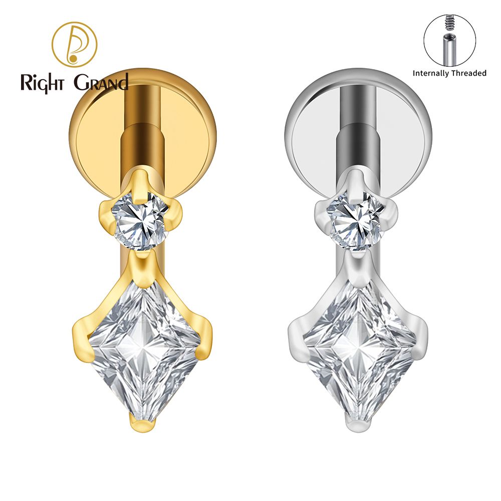 Right Grand ASTM F136 Titanium 16G Internal Thread Round &amp; Square CZ Labret Stud Helix Conch Cartilage Tragus Flat Back Piercing