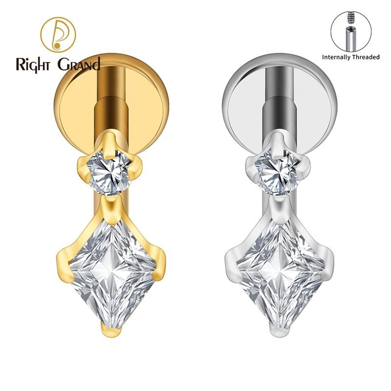 Right Grand ASTM F136 Titanium 16G Internal Thread Round &amp; Square CZ Labret Stud Helix Conch Cartilage Tragus Flat Back Piercing