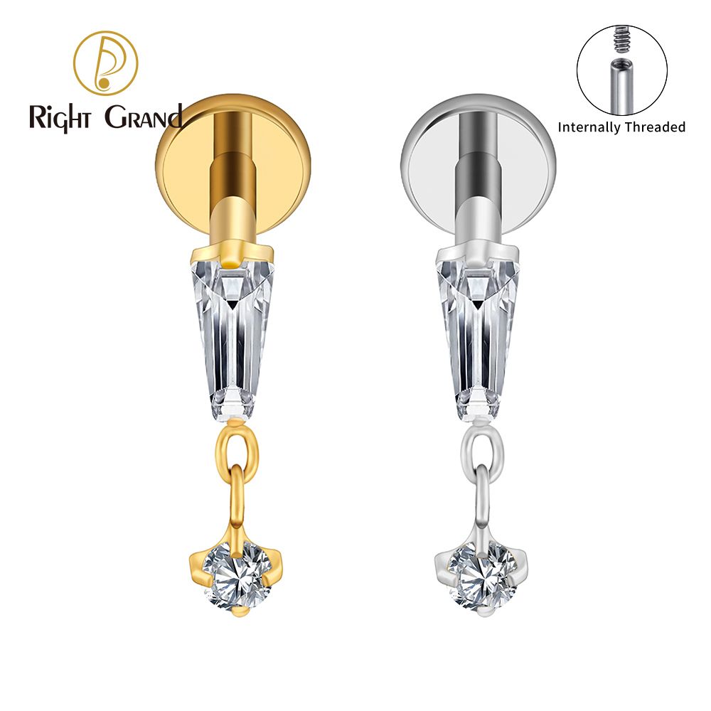 Right Grand ASTM F136 Titanium Internal Thread 16G Trapezoid CZ Dangle Labret Stud Earring Geometric Tragus Helix Cartilage Ear Lobe Piercing