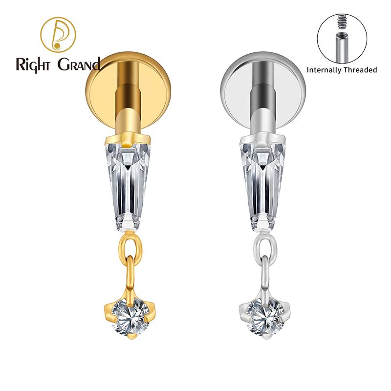 Right Grand ASTM F136 Titanium Internal Thread 16G Trapezoid CZ Dangle Labret Stud Earring Geometric Tragus Helix Cartilage Ear Lobe Piercing