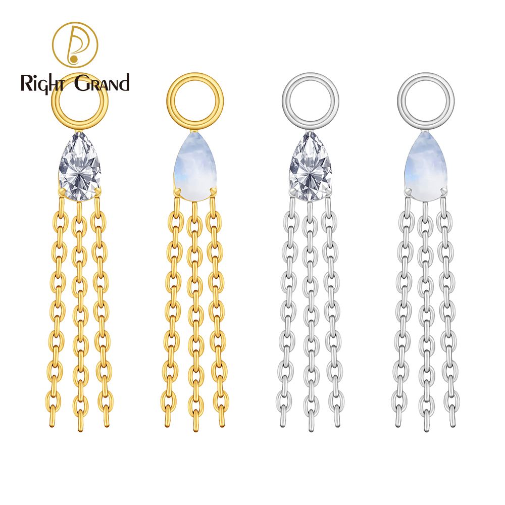 Right Grand ASTM F136 Titanium Waterdrop CZ Moonstone Chain Tassels Charm for Ear Lobe Dangle Hoop Huggie Earrings