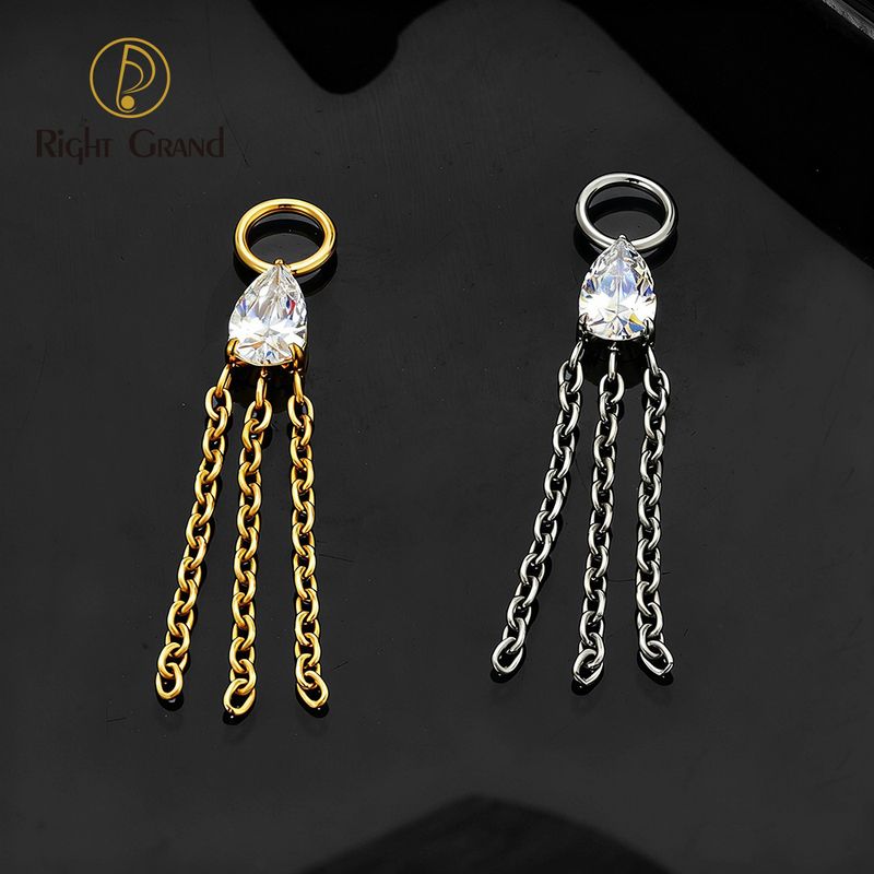 Right Grand ASTM F136 Titanium Waterdrop CZ Moonstone Chain Tassels Charm for Ear Lobe Dangle Hoop Huggie Earrings