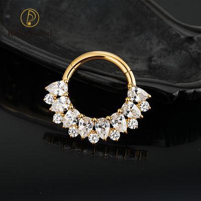 Right Grand ASTM F136 Titanium 16G Waterdrop Garnet CZ in Series Hinged Clicker Segment Hoop Ring Daith Earring Septem Nose Piercing