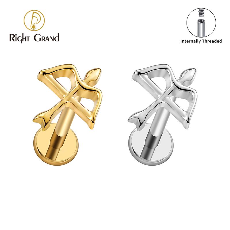 Right Grand ASTM F136 Titanium Internal Thread Bow and Arrow Labret Ring 16G Flat Back Cartilage Stud Earring Conch Helix Lip Piercing Jewelry