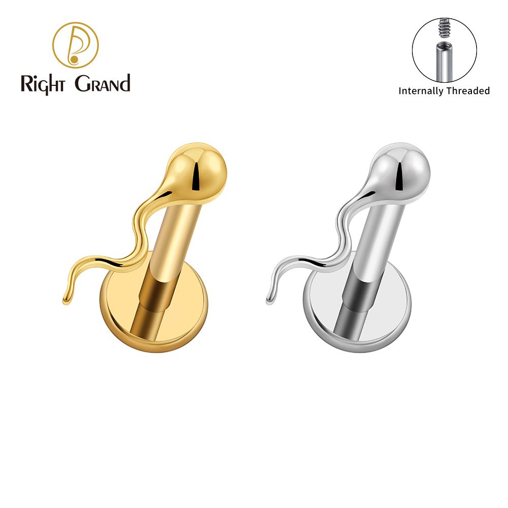 Right Grand ASTM F136 Titanium Internal Thread Sperm Labret Ring 16G Flat Back Cartilage Stud Earring Conch Helix Lip Piercing Jewelry