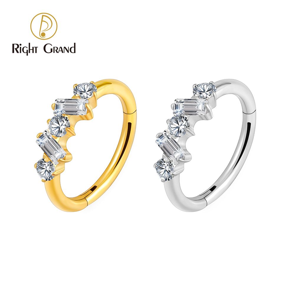 Right Grand ASTM F136 Titanium 16G CZ Round and Square Hinged Clicker Segment Hoop Ring Daith Earring Septem Nose Piercing