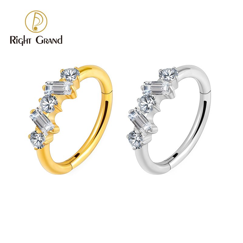 Right Grand ASTM F136 Titanium 16G CZ Round and Square Hinged Clicker Segment Hoop Ring Daith Earring Septem Nose Piercing