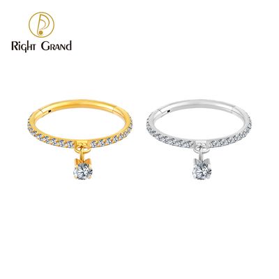 Right Grand ASTM F136 Titanium 16G Dangle CZ Hinged Clicker Segment Hoop Ring Daith Earring Septem Nose Piercing