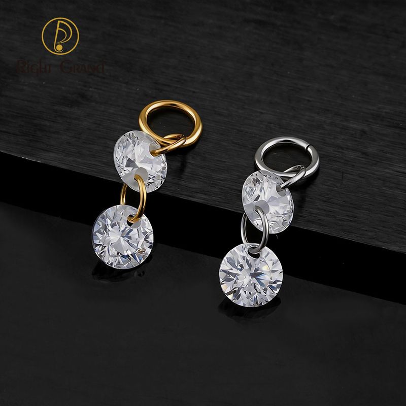 Right Grand ASTM F136 Titanium Double Round CZ Drop Ring Charm for Ear Lobe Dangle Hoop Huggie Earrings