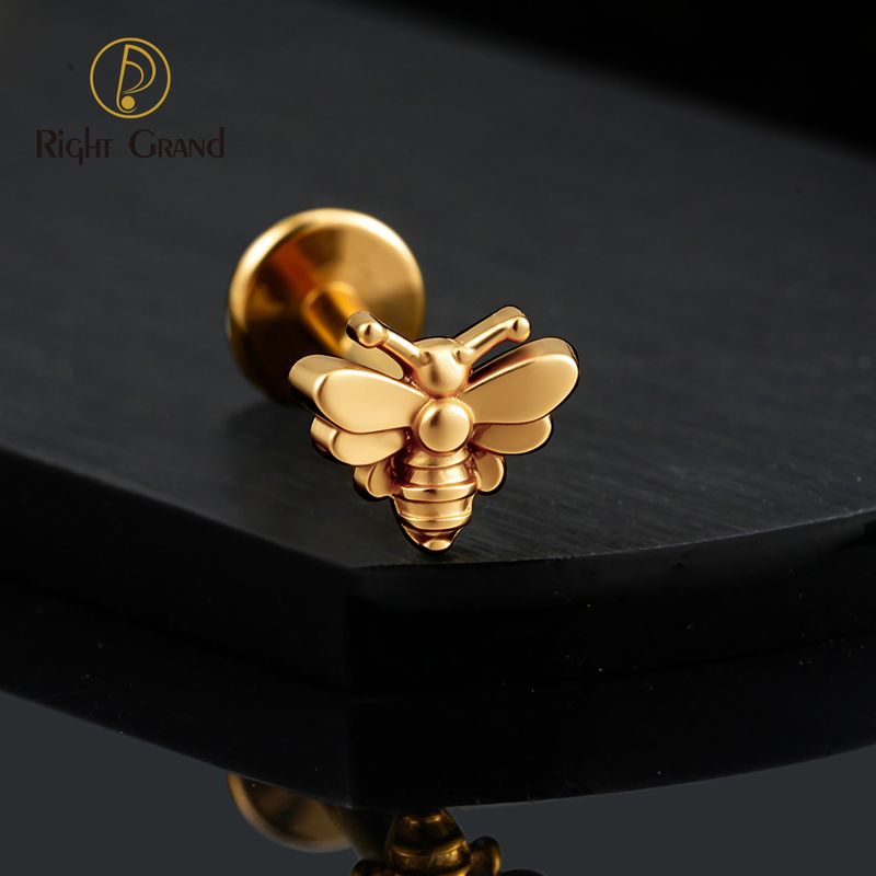 Right Grand ASTM F136 Titanium Internal Thread Bee Labret Ring 16G Flat Back Cartilage Stud Earring Conch Helix Lip Piercing Jewelry