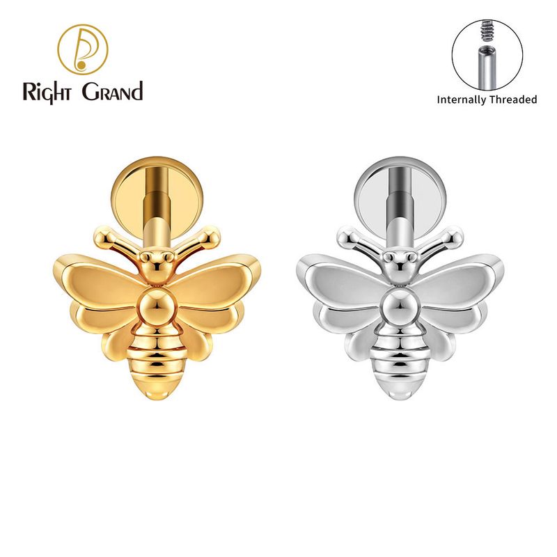 Right Grand ASTM F136 Titanium Internal Thread Bee Labret Ring 16G Flat Back Cartilage Stud Earring Conch Helix Lip Piercing Jewelry