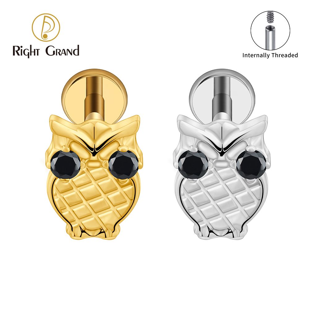 Right Grand ASTM F136 Titanium Internal Thread Owl Labret Ring 16G Flat Back Cartilage Stud Earring Conch Helix Lip Piercing Jewelry
