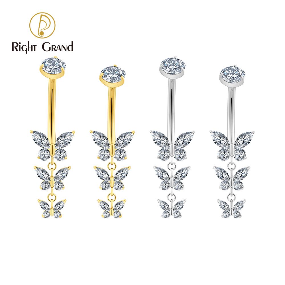 Right Grand Titanium CZ Butterfly Belly Button Ring 14G Threaded Navel Curved Barbell Piercing Jewelry