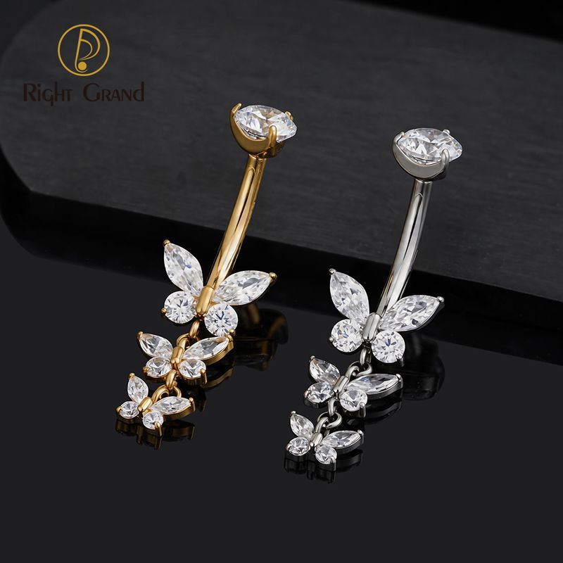 Right Grand Titanium CZ Butterfly Belly Button Ring 14G Threaded Navel Curved Barbell Piercing Jewelry