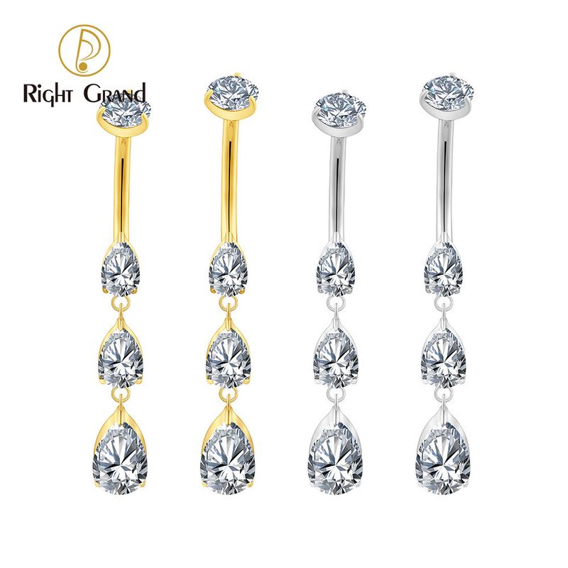 Right Grand Titanium CZ Triple Waterdrop Pendant Belly Button Ring 14G Internal Thread Navel Curved Barbell Piercing Jewelry