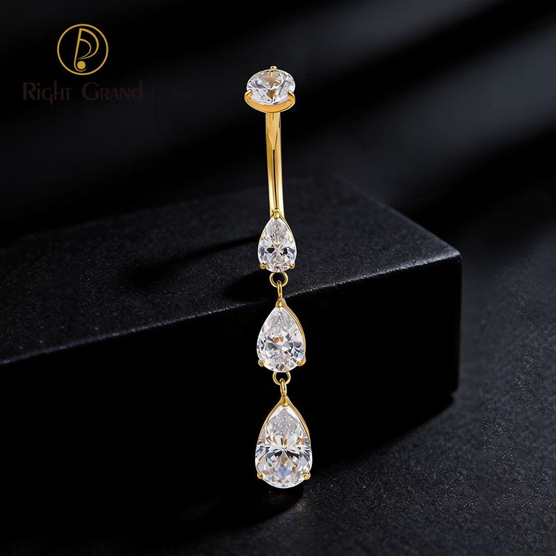 Right Grand Titanium CZ Triple Waterdrop Pendant Belly Button Ring 14G Internal Thread Navel Curved Barbell Piercing Jewelry