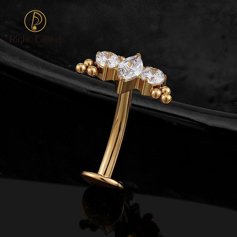 Right Grand Titanium CZ Marquise Beads Belly Button Ring 14G Threadless Push Pin Navel Curved Barbell Piercing Jewelry