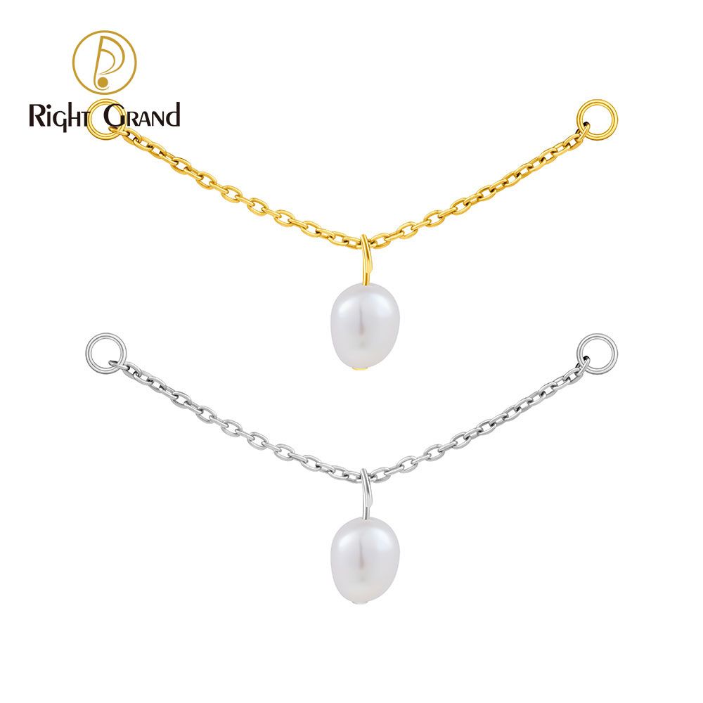 Right Grand Titanium Chain Pearl Drop Double Ring Charm for Ear Lobe Dangle Hoop Huggie Earrings