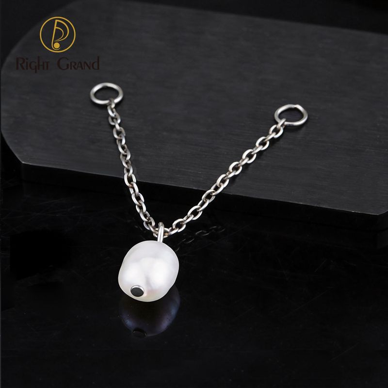 Right Grand Titanium Chain Pearl Drop Double Ring Charm for Ear Lobe Dangle Hoop Huggie Earrings