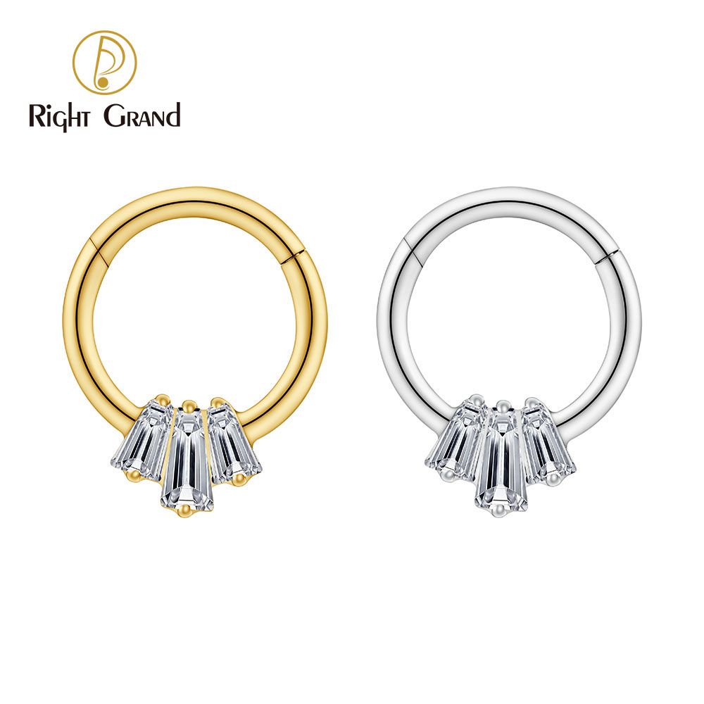 Right Grand Titanium Triple Baguette CZ Hinged Septum Clicker Nose Ring 16G Daith Helix Hoop Earring Piercing Jewelry