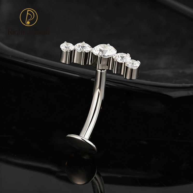 Right Grand Titanium CZ 5 CZ Belly Button Ring 14G Threadless Push Pin Navel Curved Barbell Piercing Jewelry