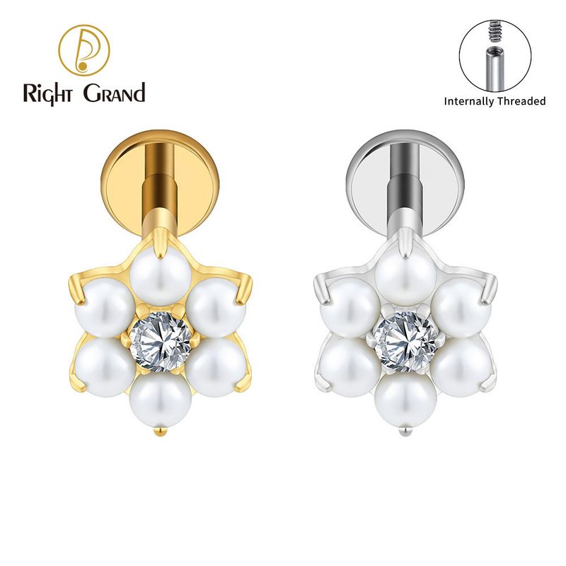 Right Grand Titanium Internal Thread Tiny Pearl CZ Flower Labret Ring 16G Flat Back Cartilage Stud Earring Conch Helix Lip Piercing Jewelry