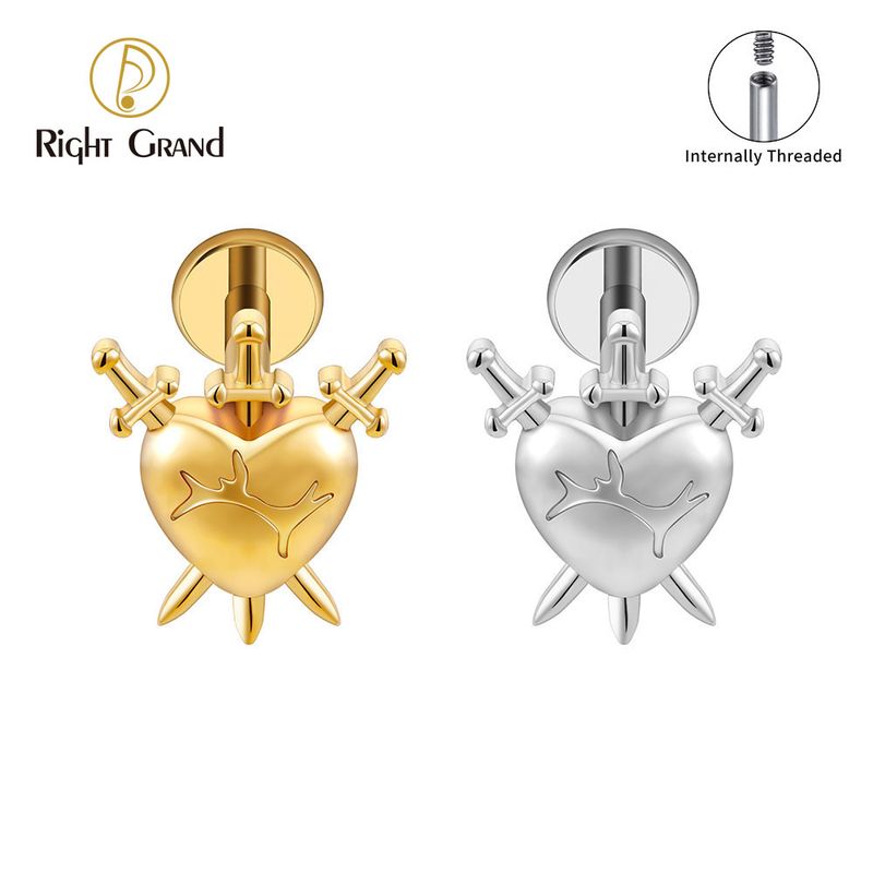 Right Grand Titanium Internal Thread Three Swords Through Heart Labret Ring 16G Flat Back Cartilage Stud Earring Conch Helix Lip Piercing Jewelry