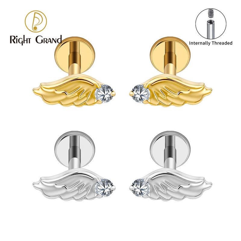Right Grand Titanium Internal Thread CZ Wing Labret Ring 16G Flat Back Cartilage Stud Earring Conch Helix Lip Piercing Jewelry
