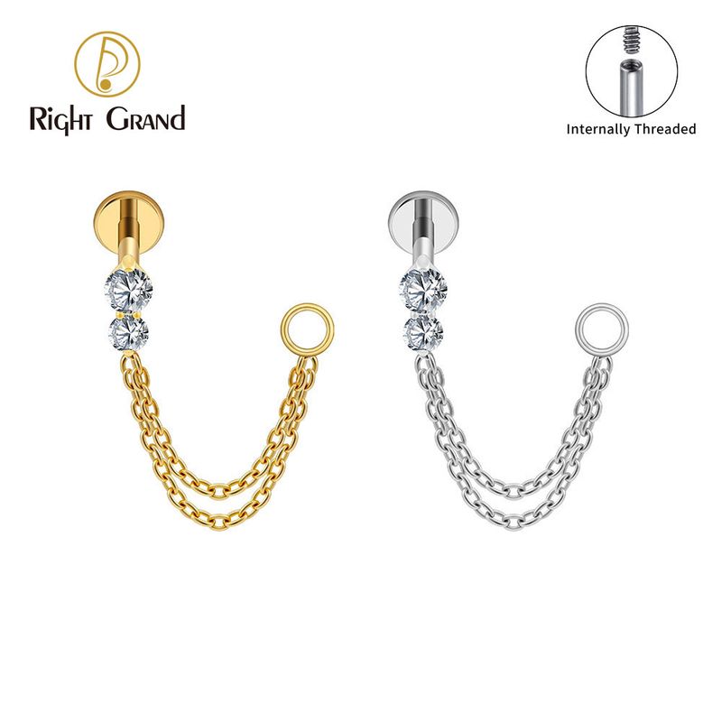 Right Grand Titanium Internal Thread CZ Double Chain Connect Ring Labret Ring 16G Flat Back Cartilage Stud Earring Conch Helix Lip Piercing Jewelry