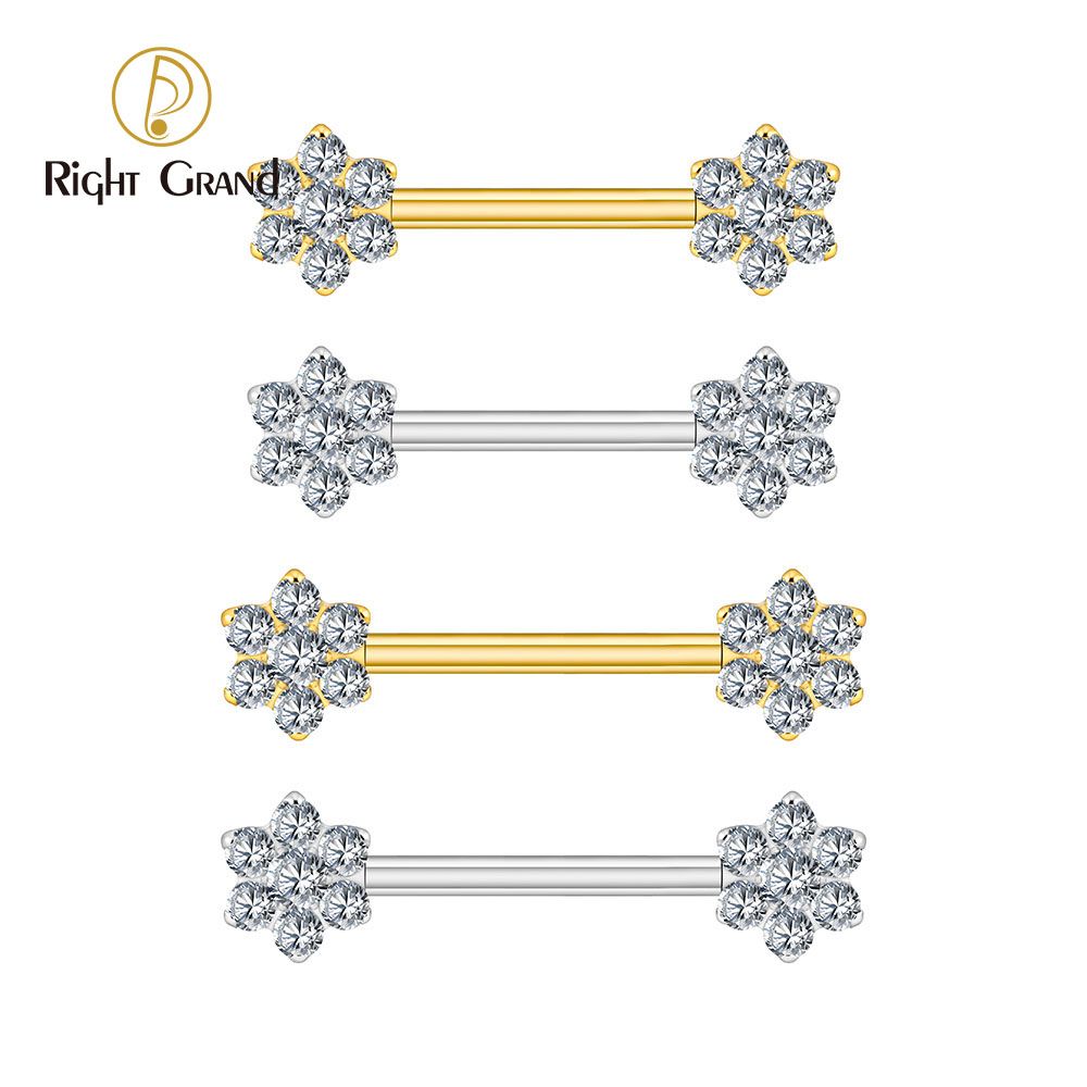 Right Grand Titanium 7 CZ Flower Nipple Ring 14G Threadless Straight Barbell Piercing Body Jewelry