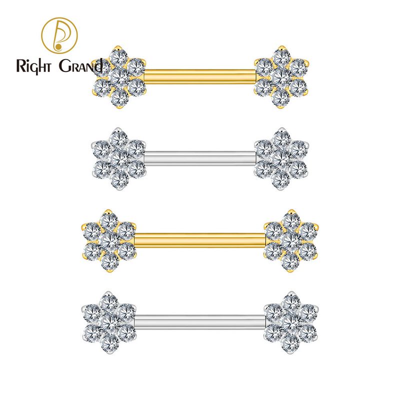 Right Grand Titanium 7 CZ Flower Nipple Ring 14G Threadless Straight Barbell Piercing Body Jewelry