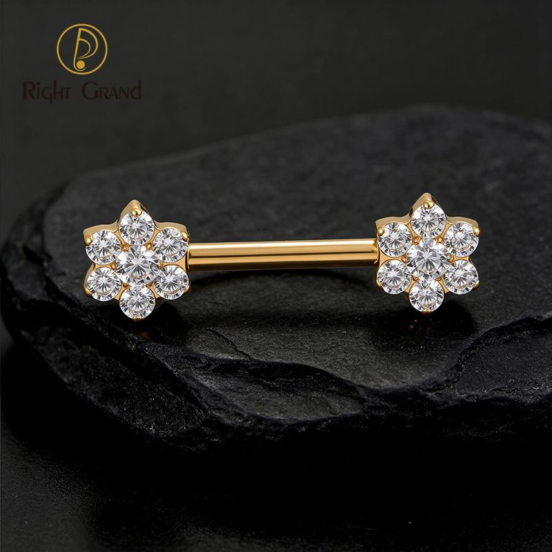Right Grand Titanium 7 CZ Flower Nipple Ring 14G Threadless Straight Barbell Piercing Body Jewelry