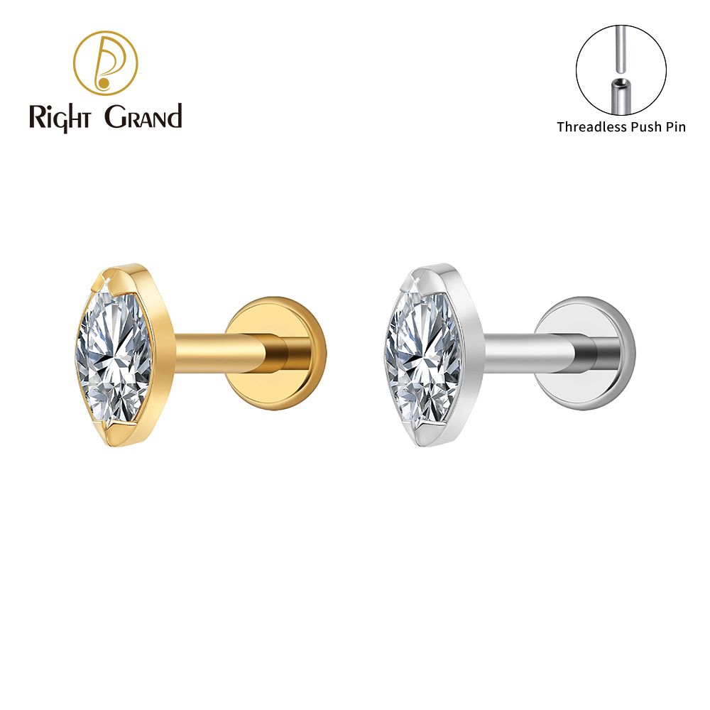 Right Grand Titanium Single Tiny Marquise CZ 16G/18G Threadless Push Pin Flat Back Labret Helix Tragus Piercing Labret