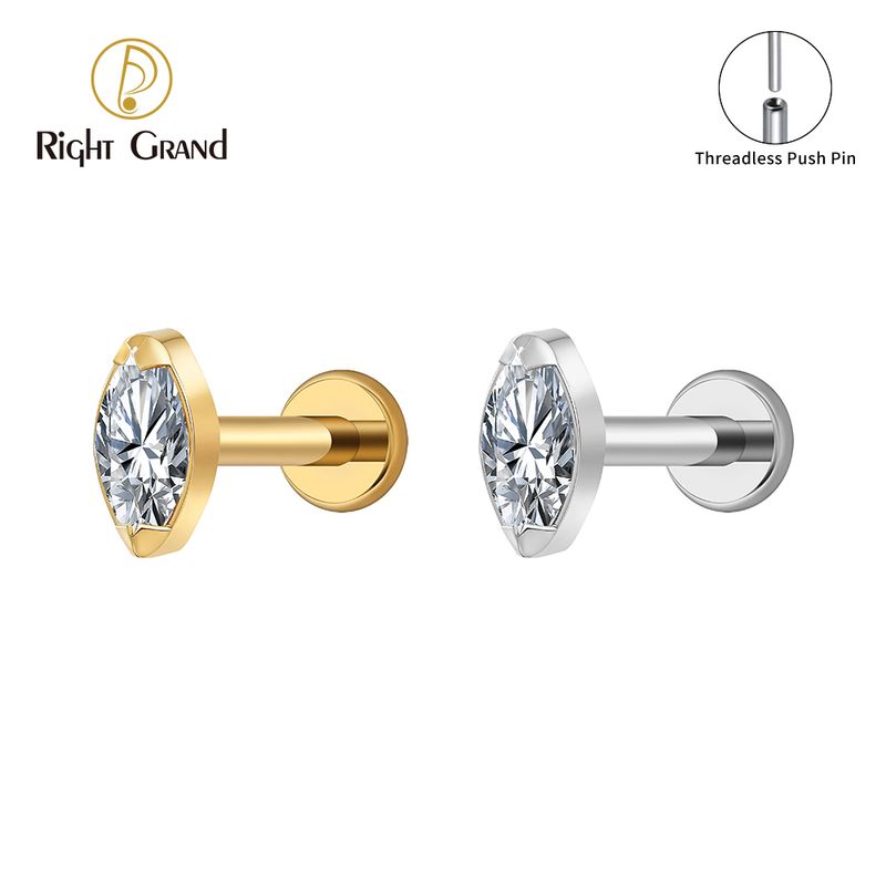 Right Grand Titanium Single Tiny Marquise CZ 16G/18G Threadless Push Pin Flat Back Labret Helix Tragus Piercing Labret