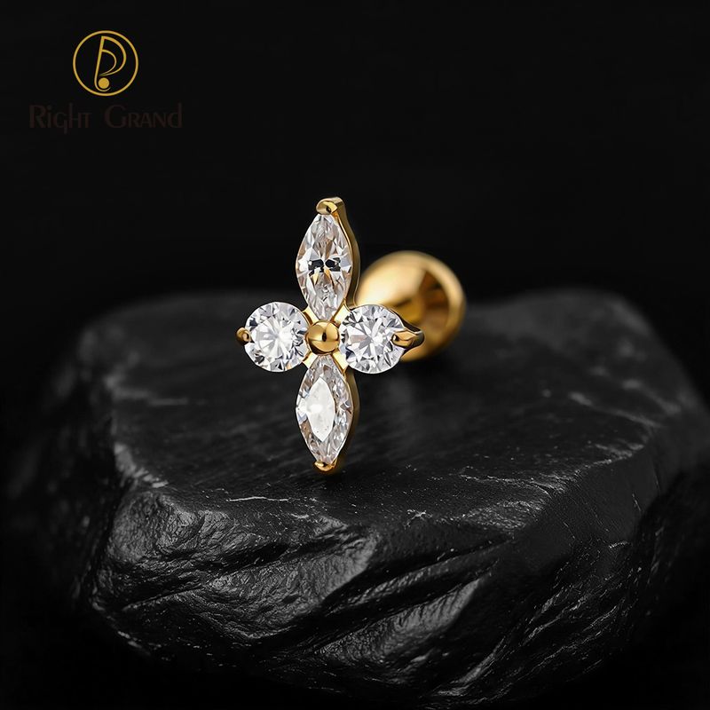 Right Grand Titanium 16G/18G Threadless Push Pin Prong Set CZ Flower Marquise Stud Earring Tragus Helix Cartilage Piercing