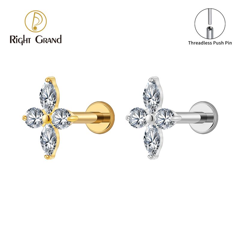 Right Grand Titanium 16G/18G Threadless Push Pin Prong Set CZ Flower Marquise Stud Earring Tragus Helix Cartilage Piercing