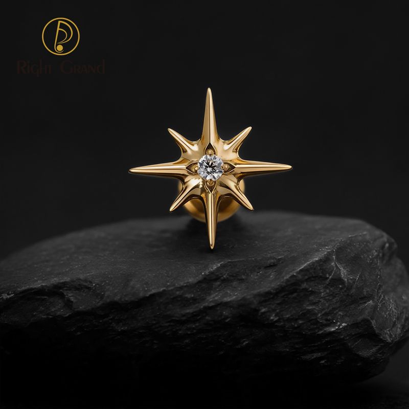 Right Grand Titanium 16G/18G Threadless Push Pin Sparkling CZ North Star Stud Earring Labret Cartilage Tragus Helix Conch Lobe Piercing