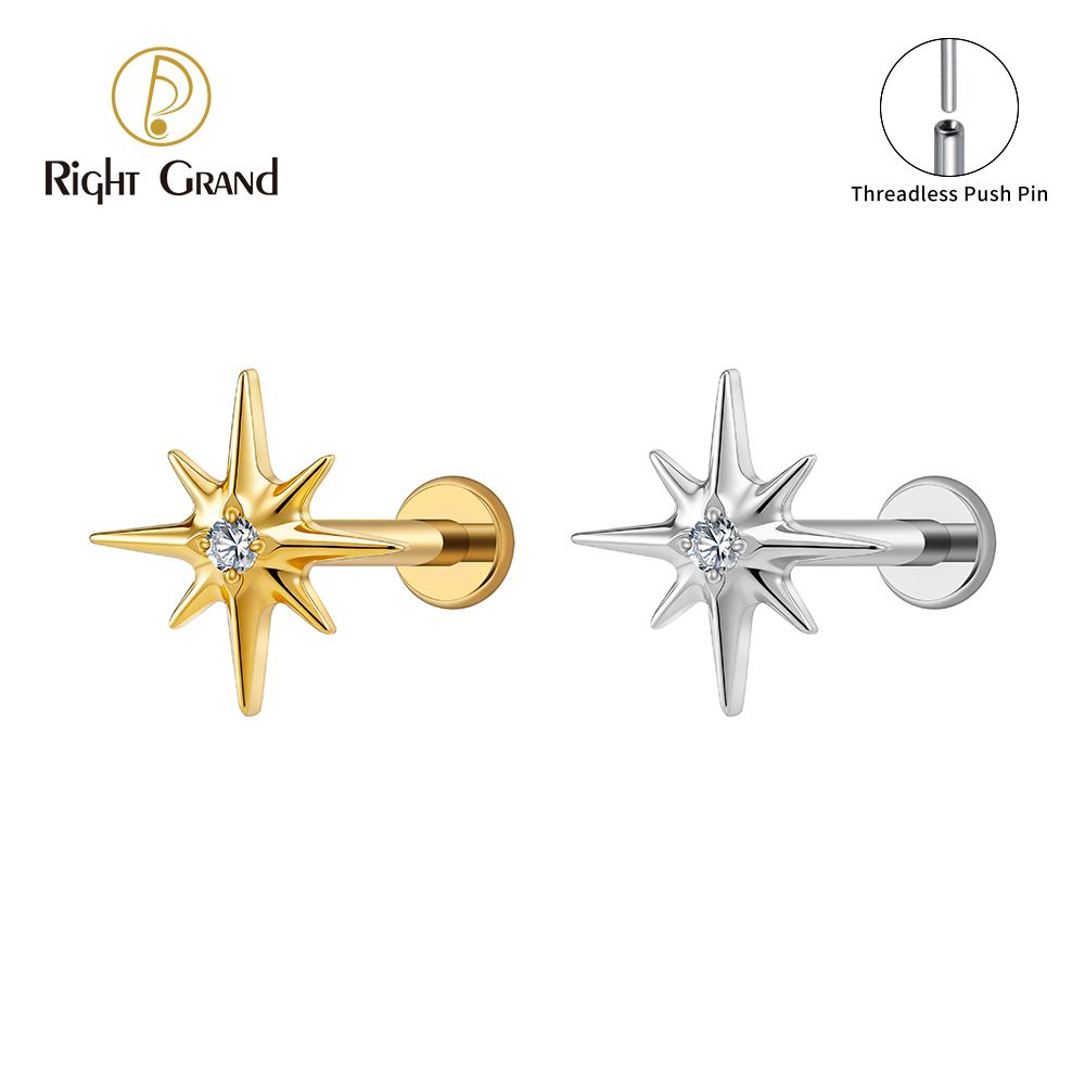 Right Grand Titanium 16G/18G Threadless Push Pin Sparkling CZ North Star Stud Earring Labret Cartilage Tragus Helix Conch Lobe Piercing