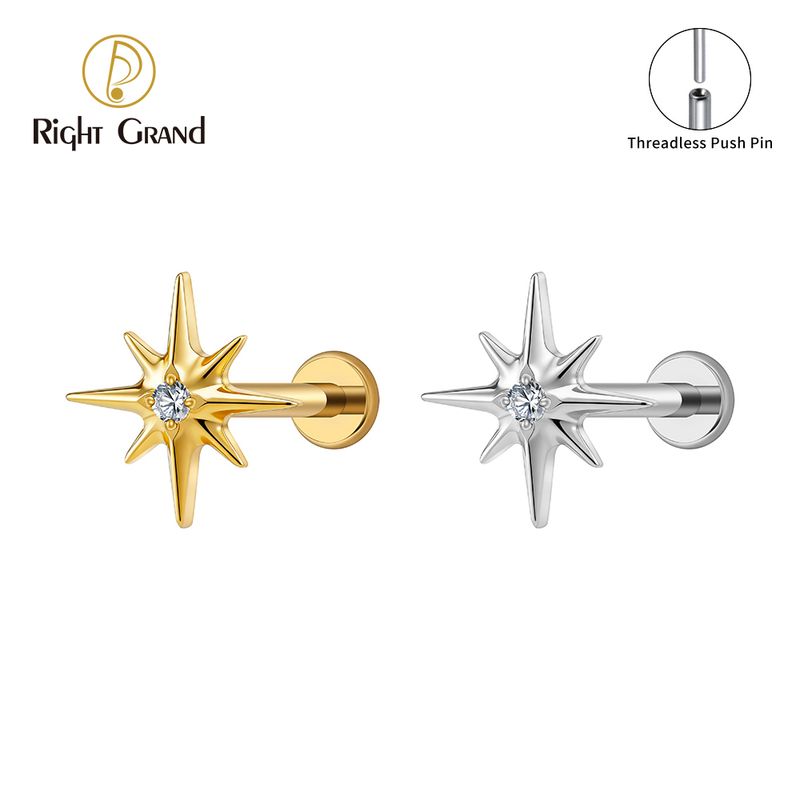 Right Grand Titanium 16G/18G Threadless Push Pin Sparkling CZ North Star Stud Earring Labret Cartilage Tragus Helix Conch Lobe Piercing