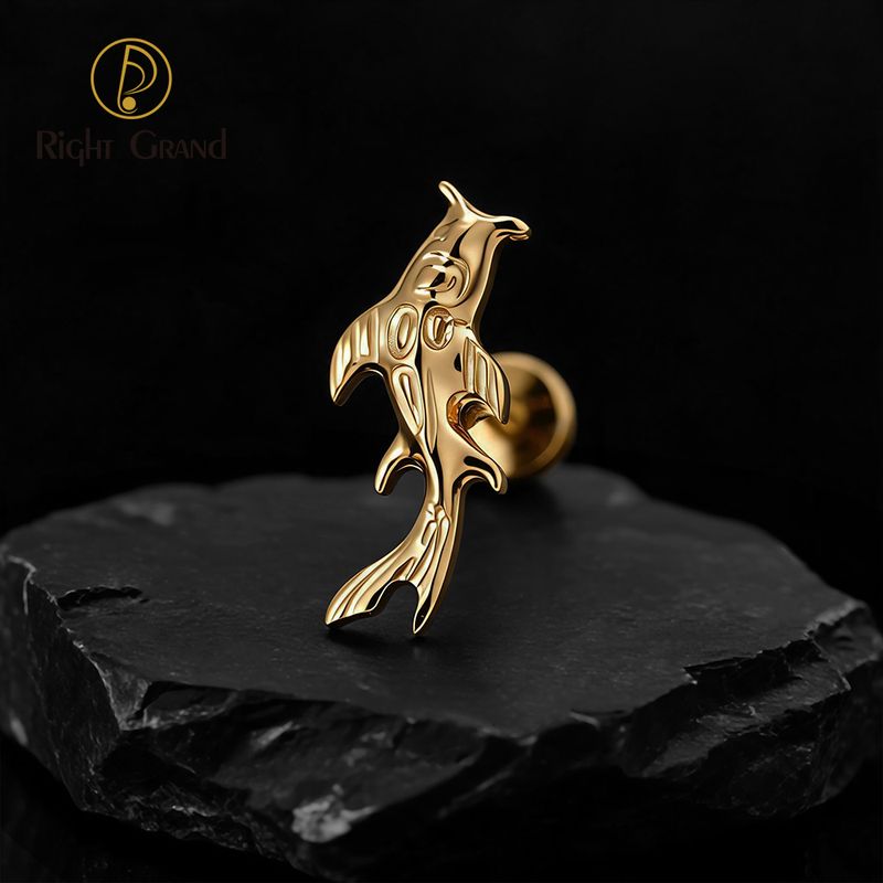 Right Grand Titanium 16G/18G Threadless Push Pin Koi Fish Cartilage Earring Tiny Tragus Stud Helix Conch Flatback Piercing 16G Animal Body Jewelry