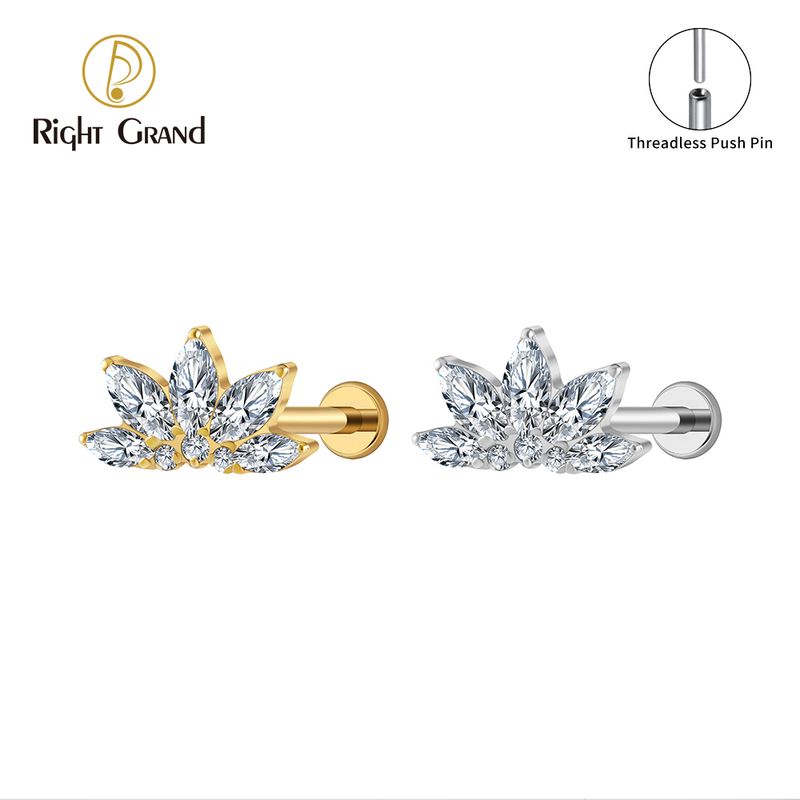 Right Grand Titanium 16G/18G Threadless Push Pin Marquise Lotus CZ Flower Flat Back Stud Labret Tragus Helix Cartilage Conch Earring Piercing