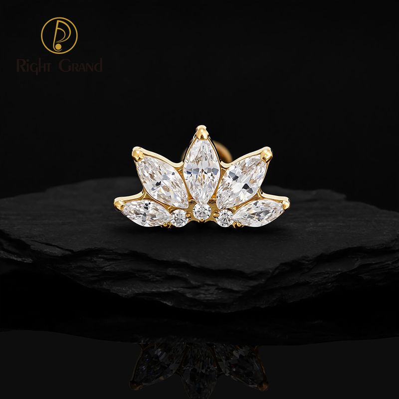 Right Grand Titanium 16G/18G Threadless Push Pin Marquise Lotus CZ Flower Flat Back Stud Labret Tragus Helix Cartilage Conch Earring Piercing