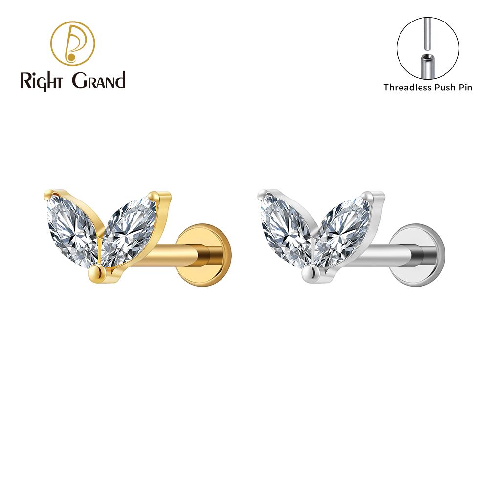 Right Grand Titanium 16G/18G Threadless Push Pin Tiny Double Marquise CZ Labret Stud Earring 16G Heart CZ Cartilage Helix Tragus Conch Piercing