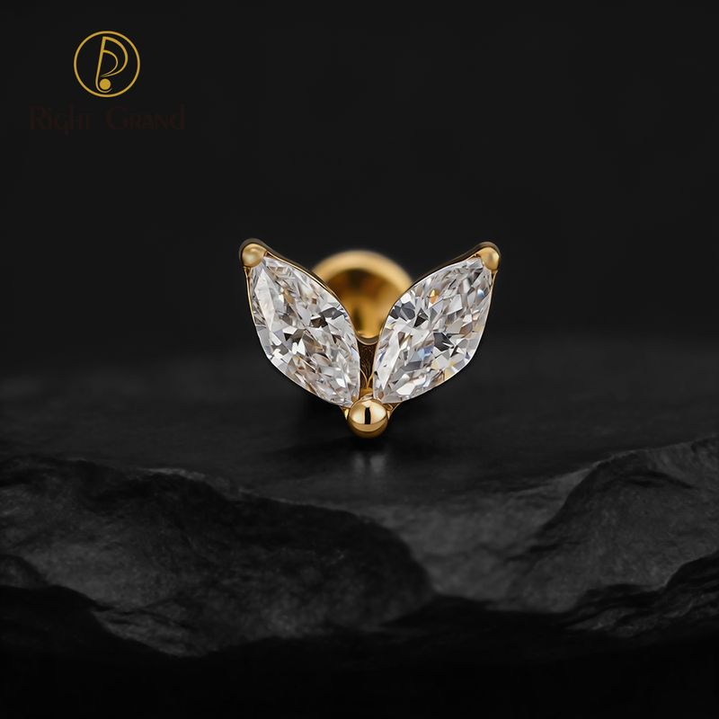 Right Grand Titanium 16G/18G Threadless Push Pin Tiny Double Marquise CZ Labret Stud Earring 16G Heart CZ Cartilage Helix Tragus Conch Piercing