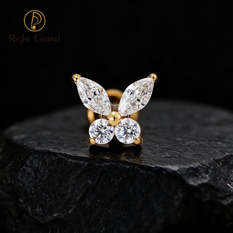 Right Grand Titanium 16G/18G Threadless Push Pin Butterfly CZ Labret Tragus Cartilage Conch Forward Helix Stud Nose Piercing
